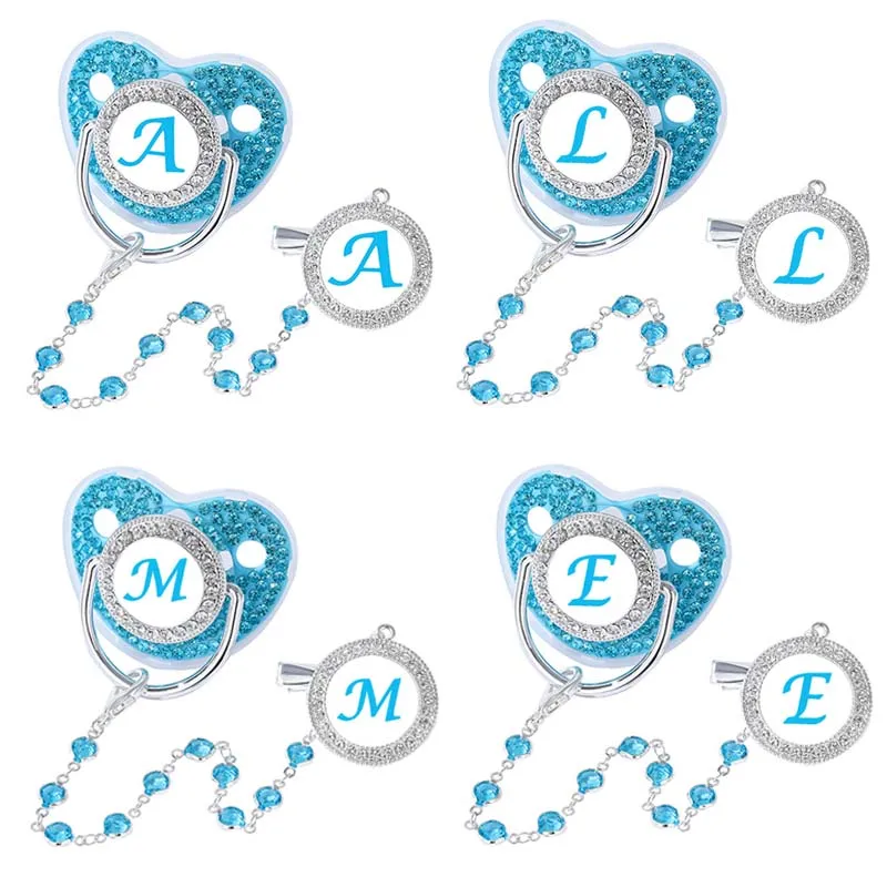 26-Initial-Baby-Schnullerclip, blauer Zirkon, für Neugeborene, personalisierbar, luxuriöser Schnullerhalter, Silikon, Säuglings-Beißring, Nippel, BPA-frei Image