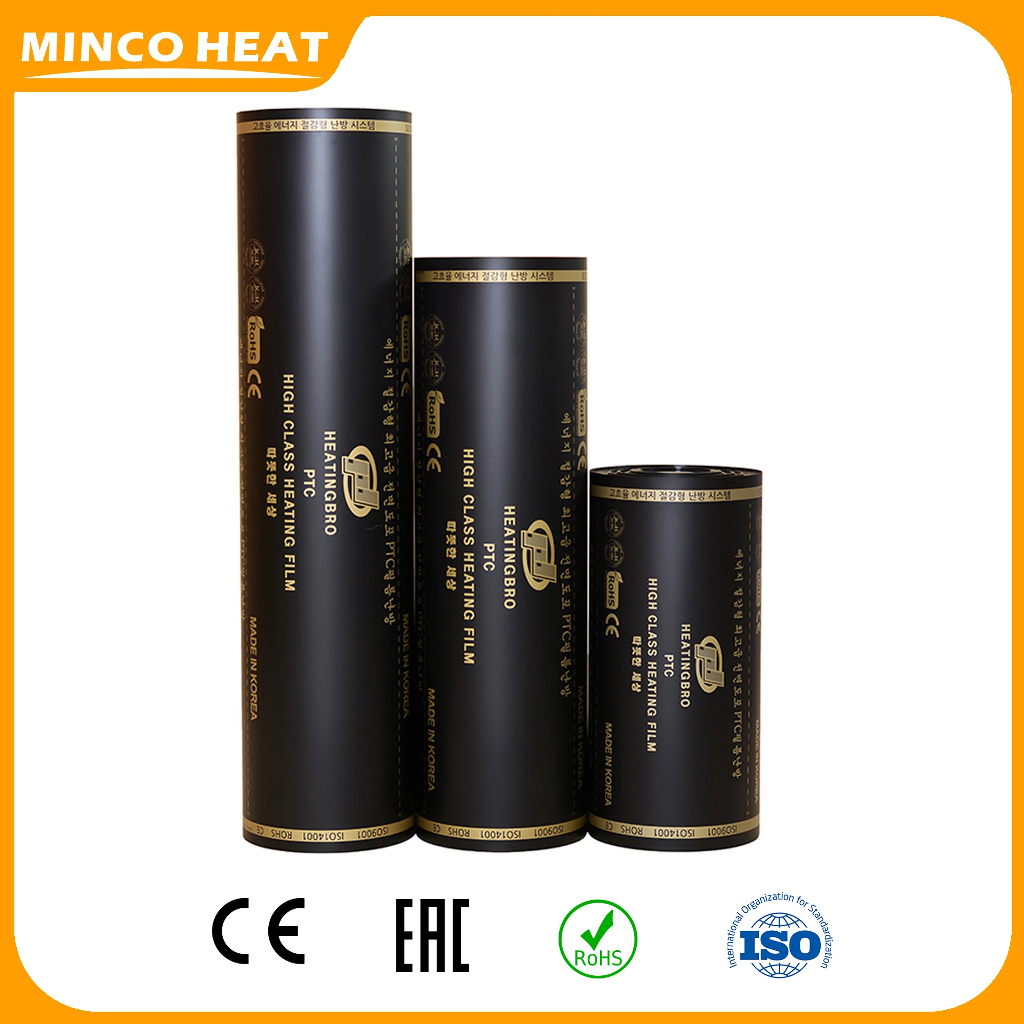 Minco Heat 50 cm Breite, AC220 V, 240 W/m2, Graphen-PTC-Infrarot-Fußbodenheizungsfolie für elektrische warme Bodenmatte, hergestellt in Korea