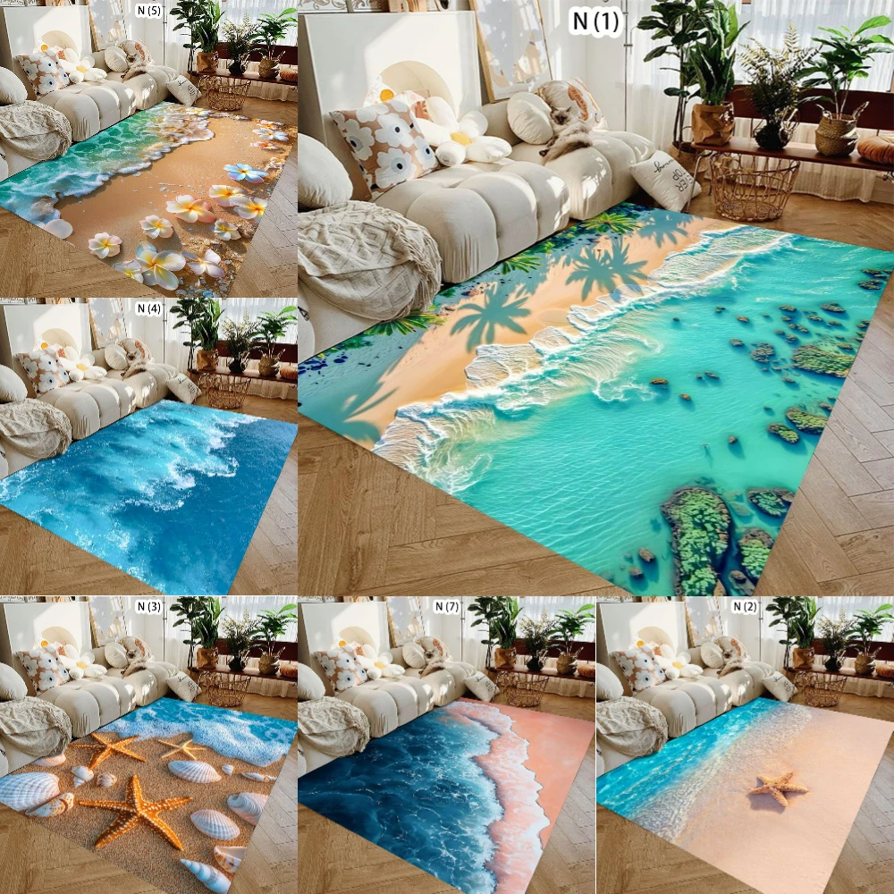 Lustiger HD Summer Coastline Strandteppich für Wohnzimmer, Sofa, weiche Dekorteppiche, Schlafzimmerteppich, Küche, Couchtisch, Matte, Flurteppich Image