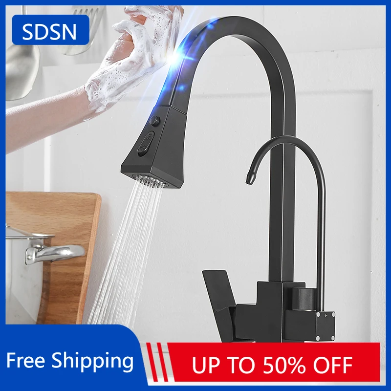 Robinets de cuisine à filtre tactile carré avec mitigeur d'évier de cuisine chaud et froid extractible 3 voies robinet de cuisine extractible tactile noir