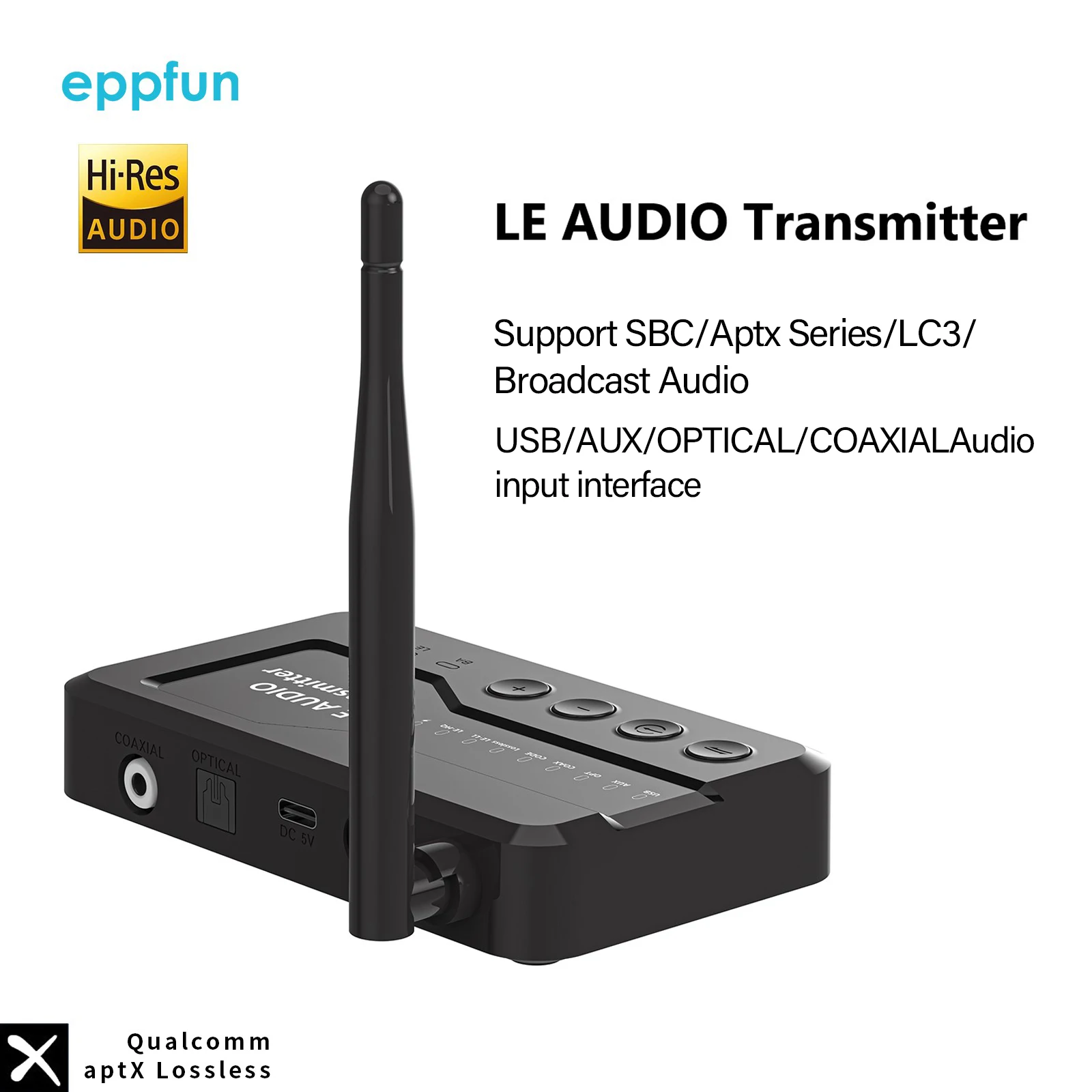 eppfun LE Audio Bluetooth 5.4 Audiosender für TV-Kopfhörer mit verlustfreiem Aptx Auracast LC3 für Gaming, Musik ansehen Image