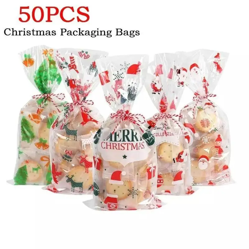 50 Stück Weihnachten Weihnachtsmann Weihnachtsbaum Elch PVC Transparente Geschenktüten für Weihnachtsgeschenk Backen Süßigkeiten Keks Verpackungsbeutel Image