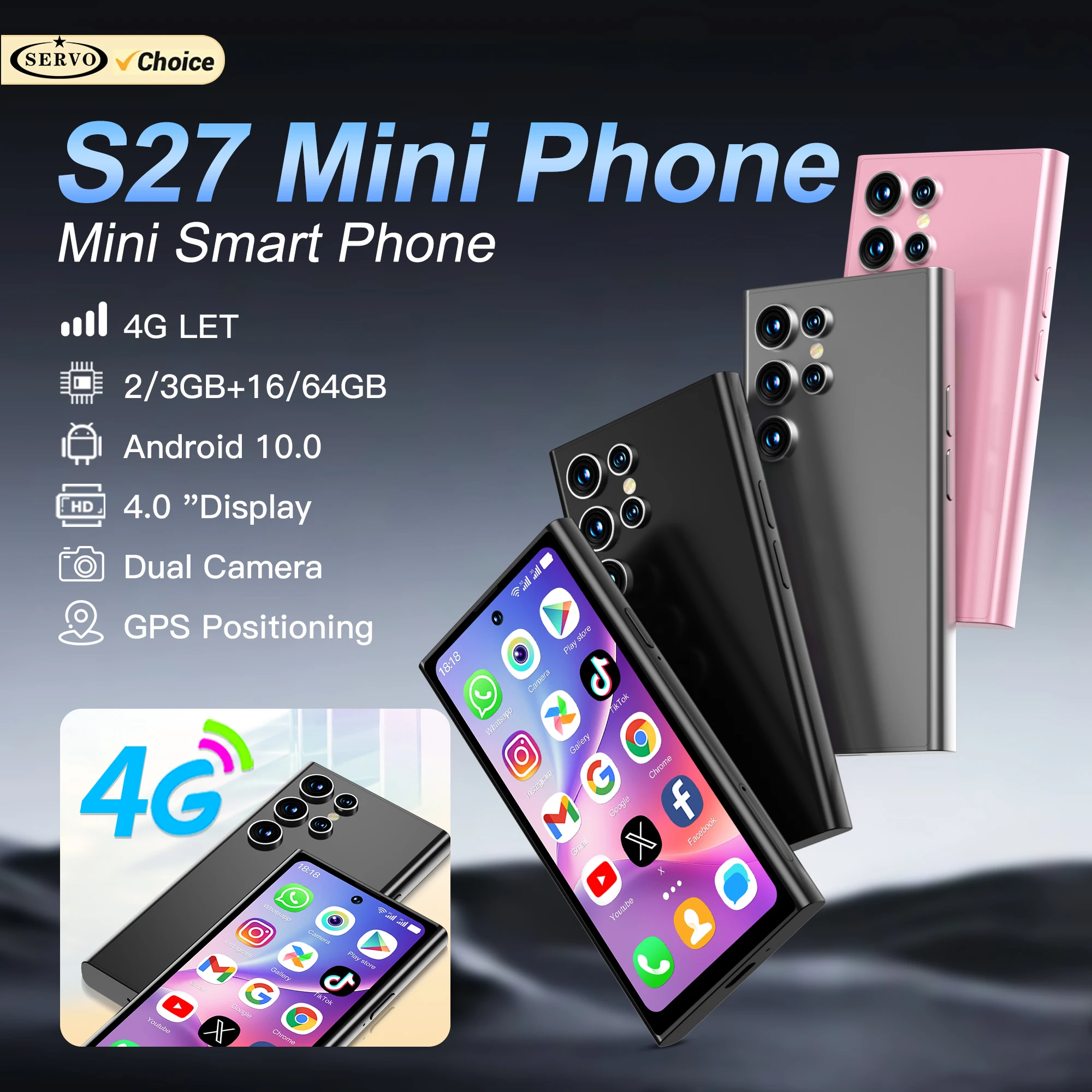 SERVO S27 MINI Kleines Smartphone 4G LTE Android 12.0 OS 3 GB + 64 GB APP Store GPS 4.0