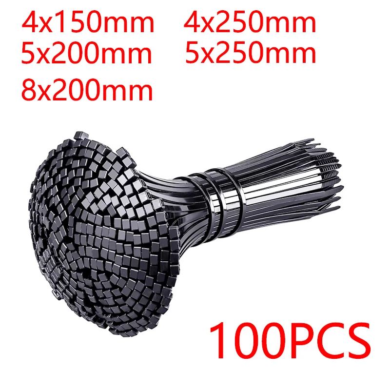 Selbstsichernder Kunststoff-Nylon-Kabelbinder, 100 Stück, schwarz, 4 x 150 Kabelbinder, Befestigungsring, Kabelbinder, Reißverschluss, Wickelband, Nylon-Kabelbinder-Set Image