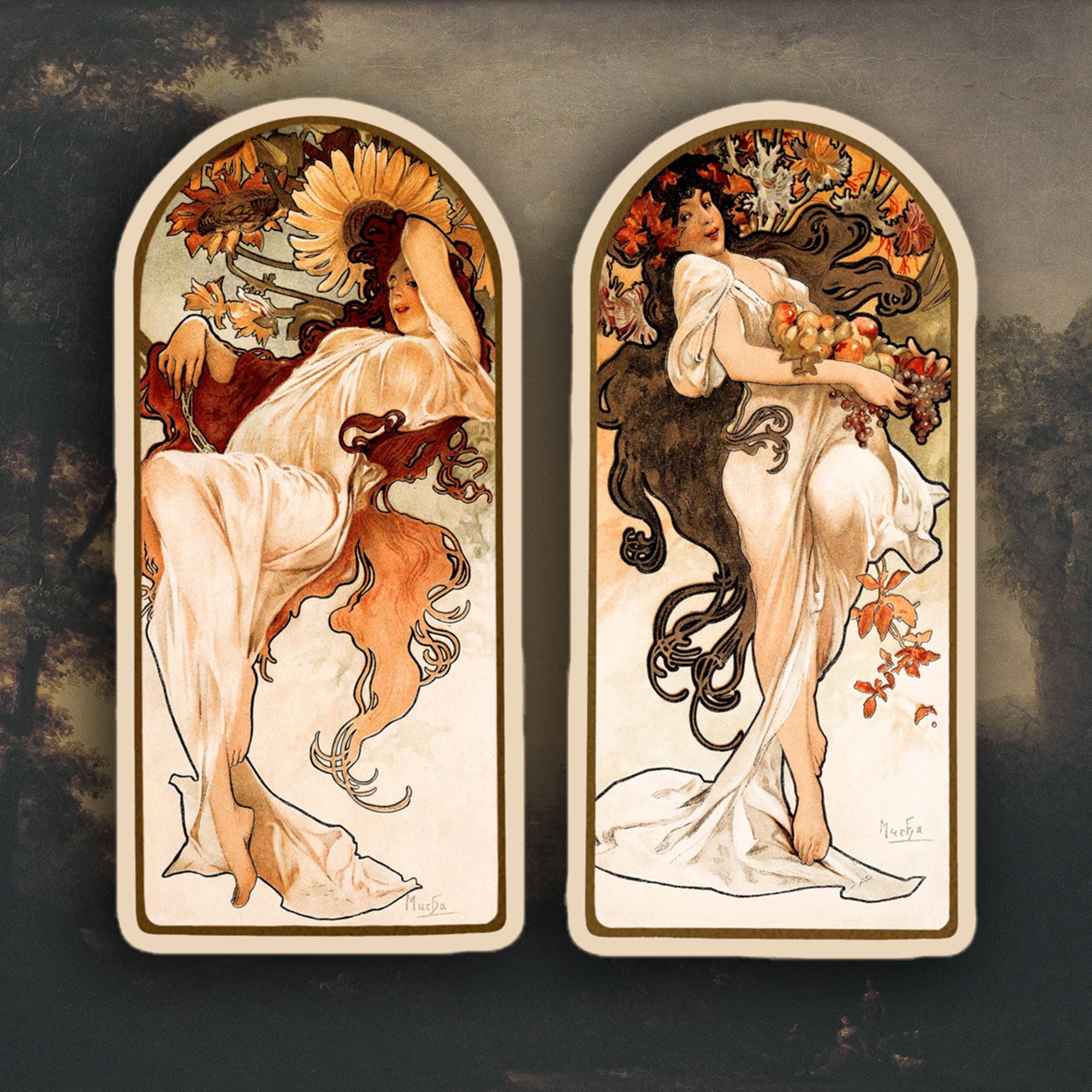 Set di 2 adesivi di Alphonse Mucha Estate e Autunno, adesivi di Alphonse Mucha, adesivi Art Nouveau