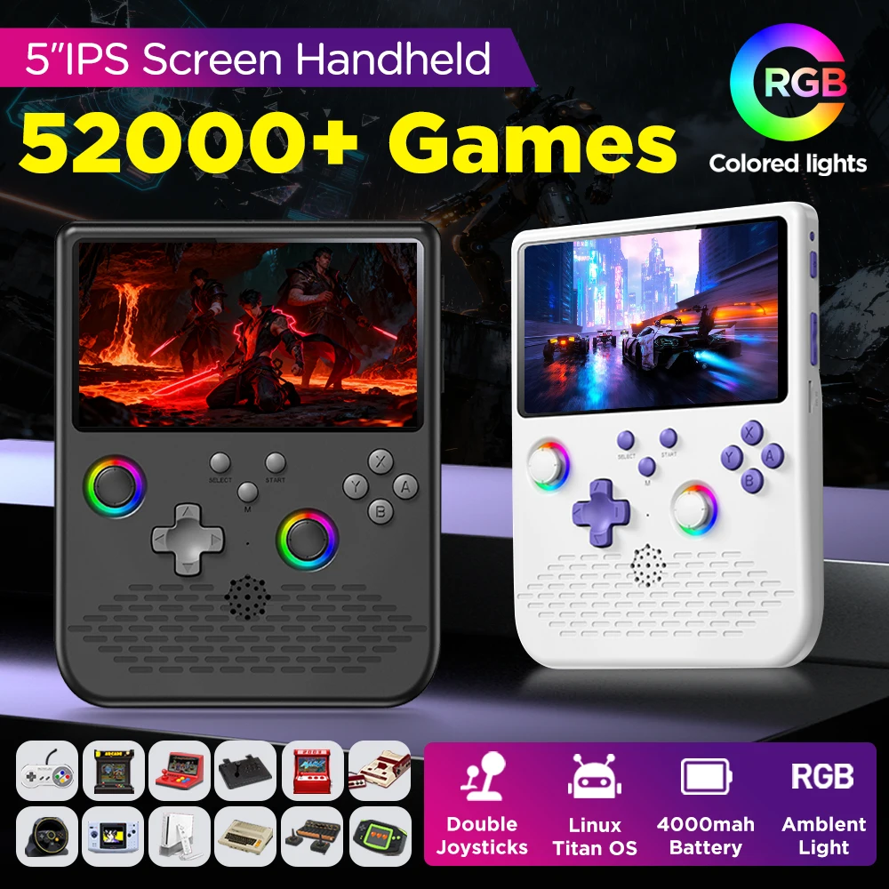 H5 Handheld-Spielekonsole mit 52000+ Spielen, 5-Zoll-IPS-Bildschirm, 4000 mAh, tragbare Videospiel-Player für MAME/SFC/SENS/GB/MD/Atari Image