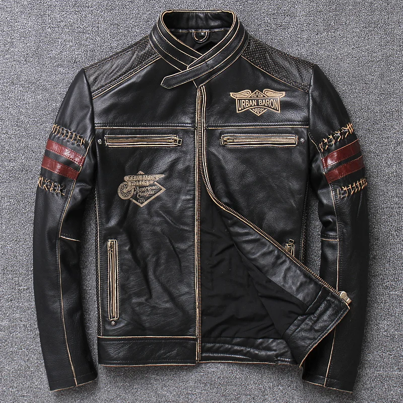 2026 Herren Motorrad-Bikerjacke aus Echtem Rindsleder, Schwarze Schlanke Lederjacke für Männer, Vintage-Mantel Image