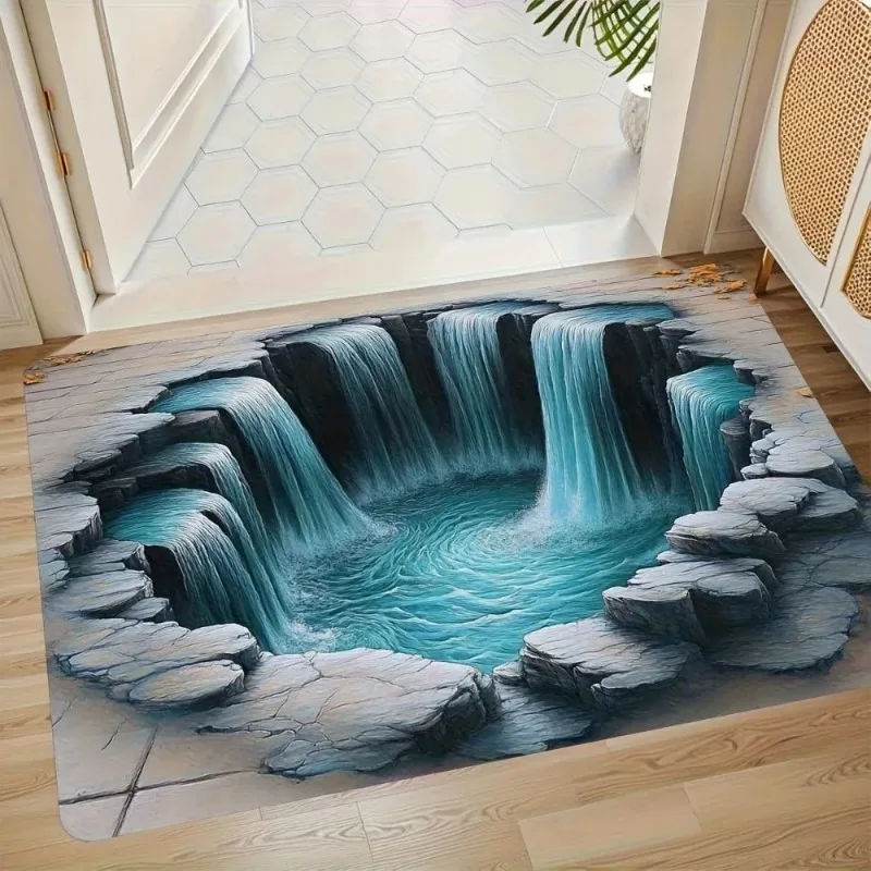 3D Optische Täuschung Wasserfall Fußmatte Natur Landschaft Eingang Willkommen Teppich Rutschfester wasserabsorbierender Heimdekor-Teppich Image