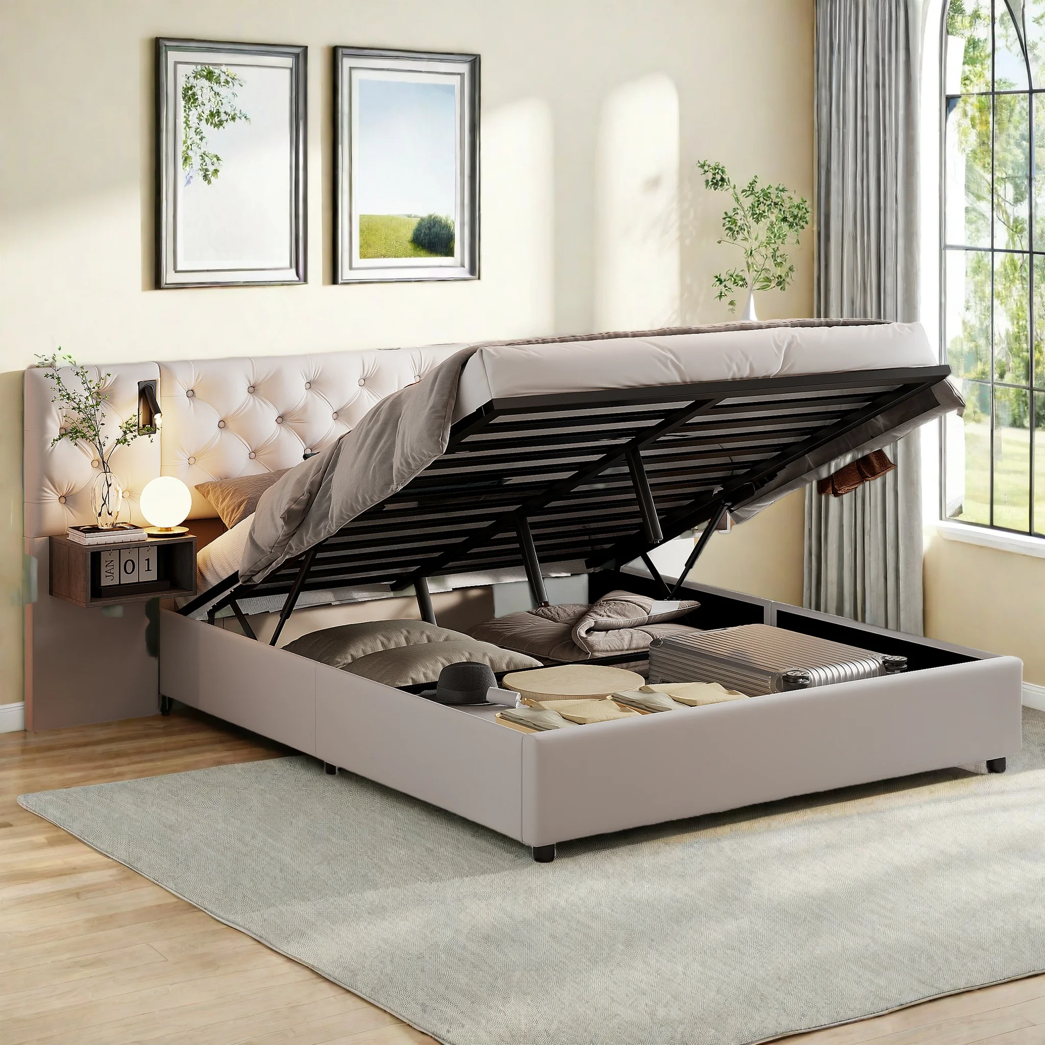 Polsterbett Doppelbett 140x200 cm, LED Breitem Kopfteil mit Lampe und USB Ladefunktion, Bett mit Stauraum und Lattenrost, Hydraulisch Stauraumbett Funktionsbetten, Samt, Beige Image