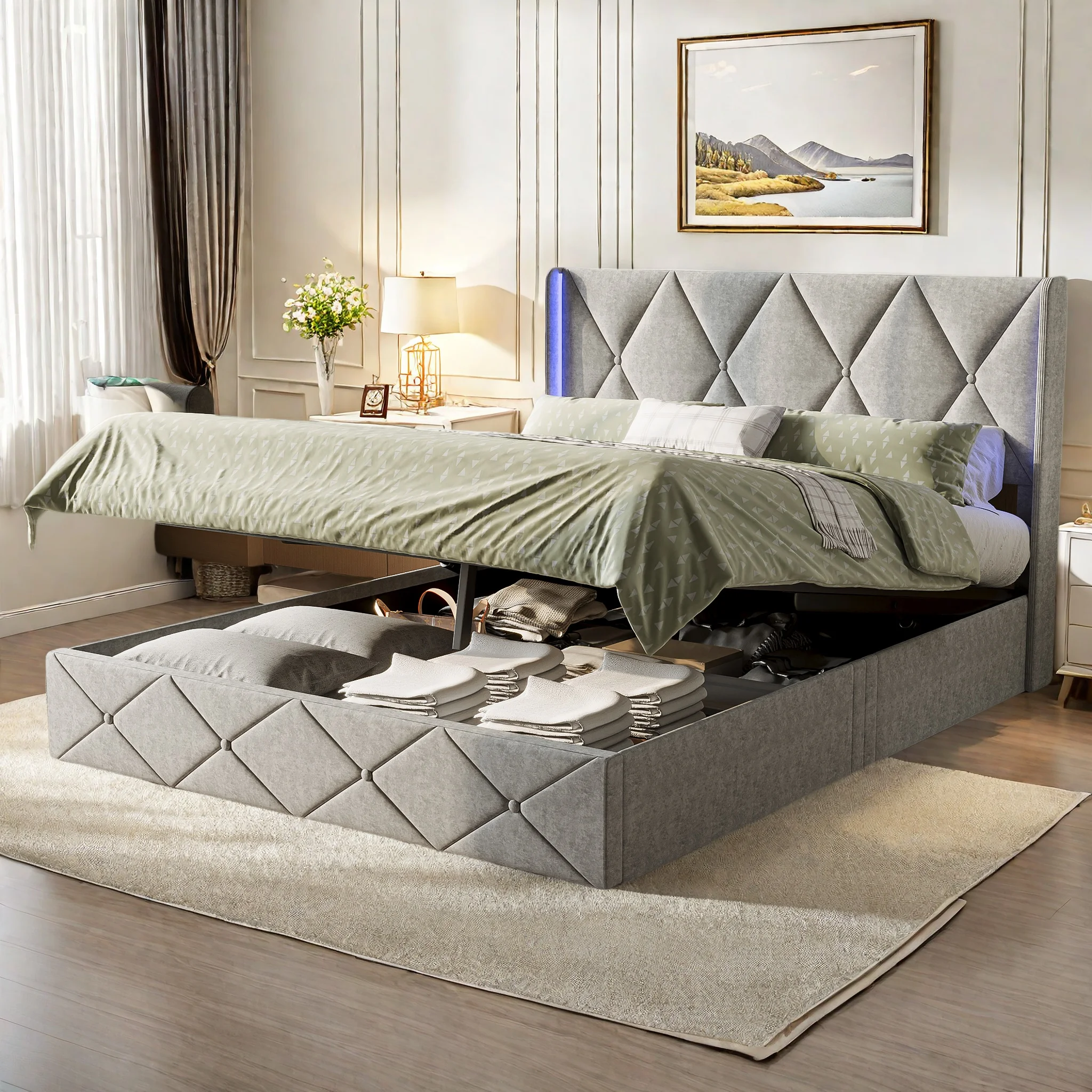 Boxspringbett 160x200 cm, mit LED-Lichtleiste und Lattenrost, Stauraum, Doppelbett, Bettgestell, Bett, Plüschstoff, grau Image