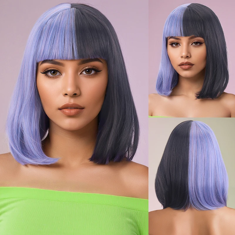 Damenperücke, modisch, kurzes Haar, flauschig, farbblockierter Bobo-Kopf mit Pony, kurzes Haar, Kunstfaser-Perücke Image