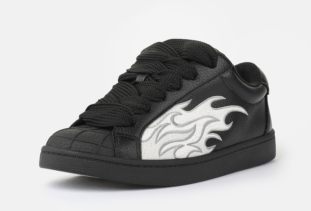 Sneaker BUFFALO "LIBERTY", Damen, Gr. 42, schwarz, weiß, Lederimitat, kontrastfarbene Details, Schuhe Sneaker, Freizeitschuh, Schnürschuh, Halbschuh mit trendigem Flammenmotiv