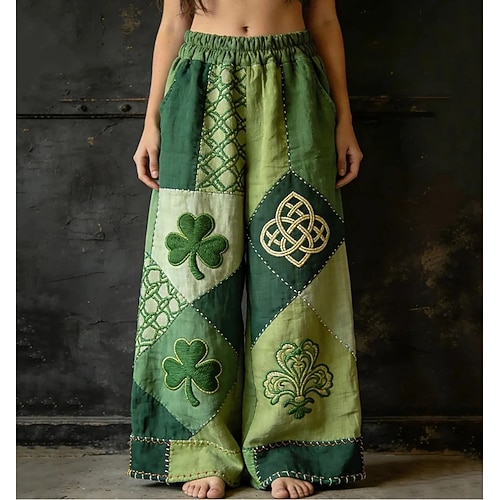 St. Patrick Damen Weite Hose Hosen Palazzo-Hosen Urlaub Vintage Basic Voll Länge Hohe Taille Hose Shamrock Bestickte Tasche Elastischer Bund Komfort Atmungsaktivität Bequem Unelastisch Image