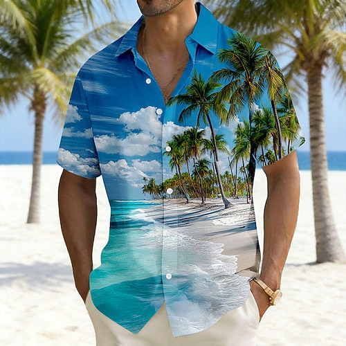 Herren Kokospalme Natur Landschaft Tropische Pflanzen Hemd Hawaiihemden Alohahemd Kurzarm Hawaiianisch Urlaub Ferien Sommer Umlegekragen 3D-Druck Eine Tasche vorne Leinenähnliches Hemd Blau Blau 1# Image