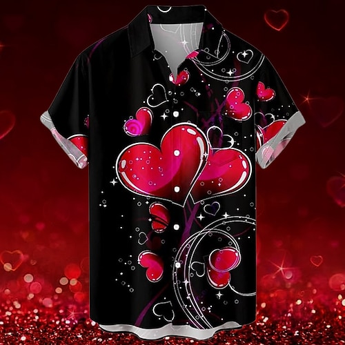 Valentinstag Herz romantisch Herren Resort hawaiianisches 3D-gedrucktes Hemd mit Knopfleiste, kurzärmelig, Sommer, Strand, Urlaub, Alltagskleidung, S bis 3XL Image