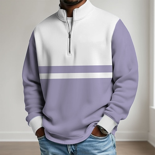 Herren Farbblock Poloshirts mit Reißverschluss Langarm Polo-Shirts Großvaterkragen Lässig Schule Athleisure Ferien Alltagskleidung 3D-Druck Viertelreißverschluss-Poloshirt Frühling Herbst Blau Purpur Image