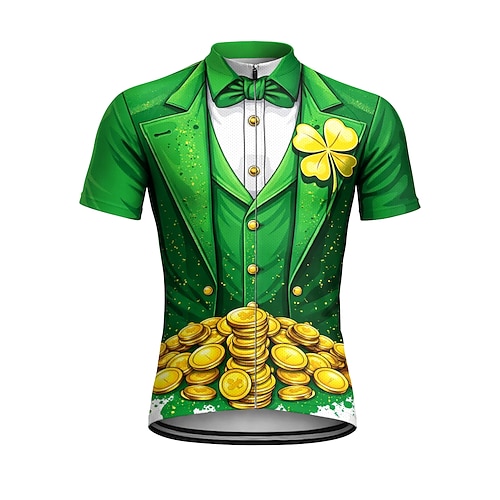 Männer St. Patrick Trikot Radtrikot Downhill Trikot vierblättriger Kleeblatt Anzug T-Shirt Goldmünze Kurzarm Bike Jersey T-Shirt Oberteil mit 3 Rückentaschen UV-beständig Schnell trocknend Mit Image