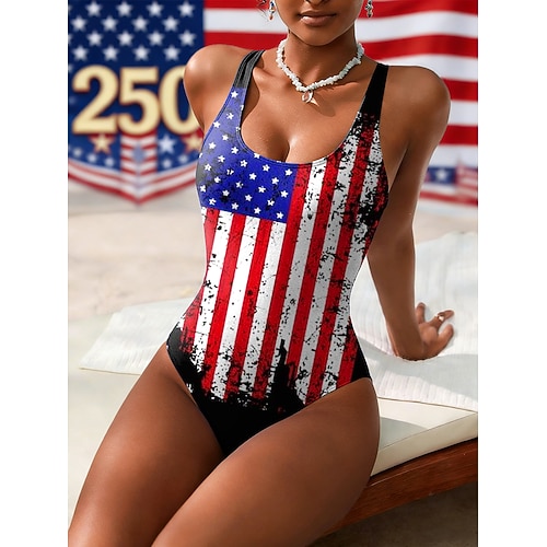 Unabhängigkeitstag Amerikanischer Jahrestag Patriotischer Damen Badebekleidung Einteiler Hoher Schnitt Badeanzug Strandbekleidung Sommer Grafische Flagge U-Ausschnitt Ärmellose Badeanzüge Image