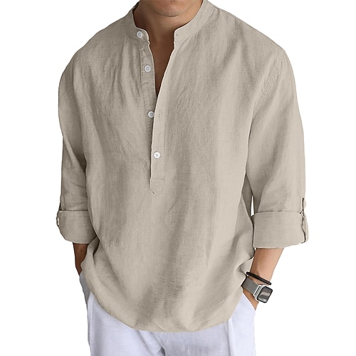 Herren Leinenhemd Popover-Hemd Freizeithemd Strandhemd Stehkragenhemd Einfach Strand Urlaub Schwarz Weiß Rosa Orange Langarm Mandarinkragen Sommer Frühling Bekleidung Rein Image