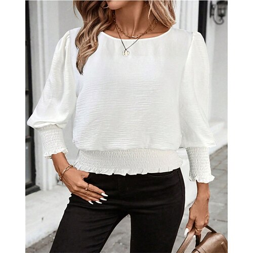 Damen Bluse Elegante Oberteile Gerafft Patchwork Einfarbig Einfach Elegant Vintage Damen Langarm Rundhalsausschnitt Normale Oberteile Täglich Arbeit Ausgehen Blau Schwarz Weiß Rosa Grün Sommer Image