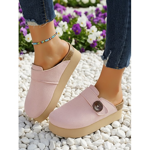 Plateau-Pantoletten für Damen mit Knopfdetails, stilvolles und lässiges Design, ideal für Frühlings- und Sommerausflüge, Alltag und Urlaub. Image