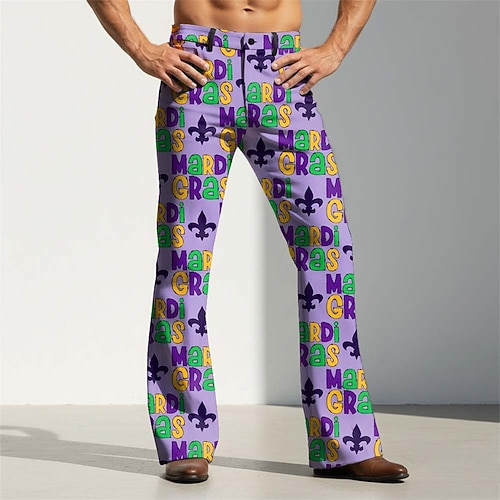 Karneval Herren Federn Karnival Lilie Hose Disco-Hosen 60er 70er Schlaghosen Mittlere Taille Vintage-Retro Party Ferien Seitentaschen Schlaghose Sommer Frühling 3D-Druck Lila Grün Violett Purpur Image