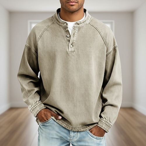 Herren T Shirt Henley Hemd Jeanshemd Hemd aus 100 % Baumwolle in Säurewaschung T-Shirt Langarm Einfach Vintage Streetwear Lässig Stückgefärbt Gewaschen Raglanärmel Stehkragen Henley Lässig Straße Image