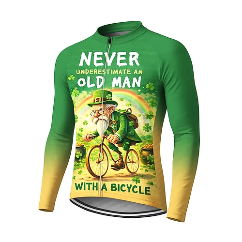 Männer St. Patrick Jersey Fahrradsporttrikot Downhill-Trikot Ombre Charakter Vierblättriger Kleeblatt Langarm Bike Tee T-Shirt Jersey Kompressionsbekleidung mit 3 Rückentaschen UV-Sonnenschutz mit Image
