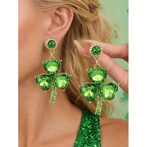 Damenohrringe aus einer Legierung mit grünem Kristall-Kleeblatt-Design, perfekt für den St. Patrick's Day und alltägliche Feiern, elegant und festlich. Image