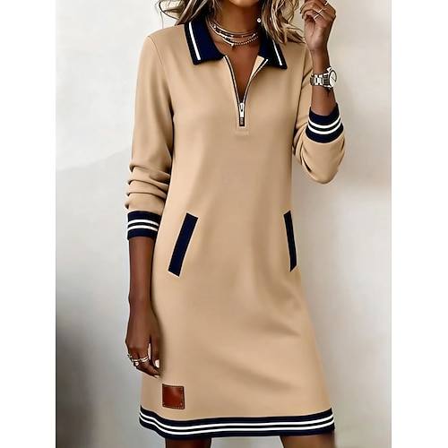 Damen Knielanges Kleid Shiftkleid Lässig Straße Ferien Normale Passform Einfach Langarm Rundhalsausschnitt Blau Weiß Rote Khaki Frühling Herbst Image