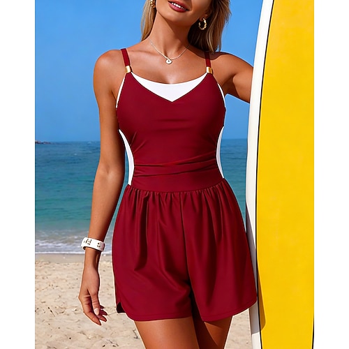 Damen Badeanzug Einteilige Hochtaillierter, geraffter Badeanzug Farbblockierung Elastisch Ärmellos Bademode Surfen Schnorcheln Schwimmen Sommer Image