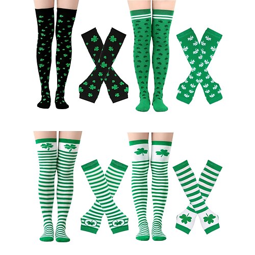 St. Patrick's Day Socke für Damen Armstulpen-Set, 4-teiliges Set aus kniehohen Socken mit Kleeblattmuster und fingerlosen Handschuhen, festliche Accessoires in Irischgrün für Damen Mädchen, perfekt Image