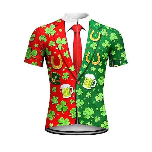 Herren St. Patrick Trikot Radtrikot Downhill Trikot Vierblättriges Kleeblatt Anzug T-Shirt Oktoberfest Bier Kurzarm Fahrradtrikot T-Shirt Oberteil mit 3 Rückentaschen UV-beständig schnelles Trocknen Image