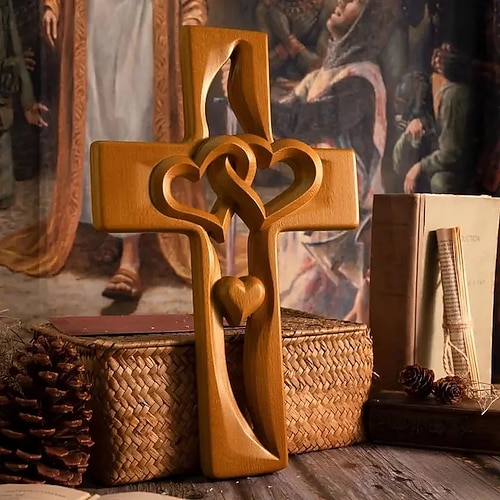 Holzkreuz mit verschlungenen Herzen, romantisches, handgefertigtes Geschenk, gravierbares Design, perfekt für Hochzeiten, Jubiläen oder besondere Anlässe, elegante religiöse Wohndekoration Image