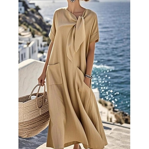 Damen Maxikleid A Linie Kleid Sommerkleid Lässig Täglich Lässiger Schnitt Einfach Kurzarm V Ausschnitt Blau Leicht Braun Braun Armeegrün Sommer Image