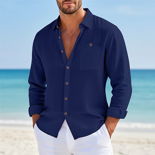 Herren Hemd Leinenhemd Sommerhemd Strandbekleidung Knopfhemd Einfach Lässig Urlaub Schwarz Weiß Gelb Marineblau Langarm Umlegekragen Sommer Frühling Bekleidung Tasche Image