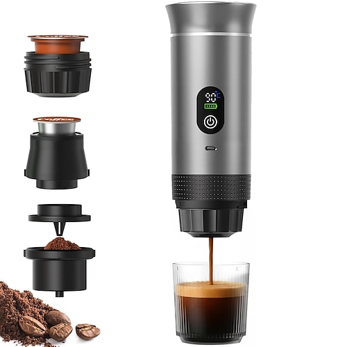 tragbare 3-in-1-Espressomaschine mit Selbstheizung wiederaufladbar mit Smart-Display, funktioniert mit gemahlenem Kaffee, kleine große Reisekapseln Camping-Mini-Kaffeemaschine, 20-bar-Extraktion, Image