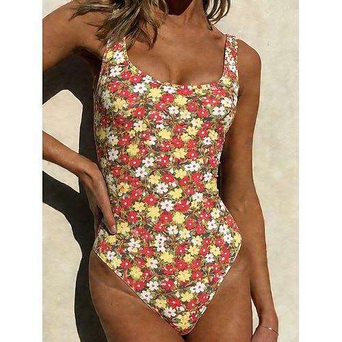 Damen Badeanzug Einteiler Slips Bademode Strandbekleidung Sommer Blumen Grafik U-Ausschnitt Ärmellos Badeanzüge Image