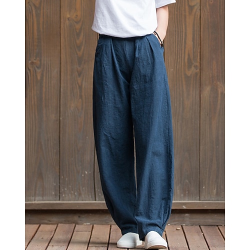 Damen Hose aus Baumwollleinen Chinos Urlaub Streetwear Basic Volle Länge Mittlere Taillenlinie Einfach Tasche Elastischer Bund Bequem Komfort Unelastisch Täglich Outdoor Straße Beige Schwarz Image