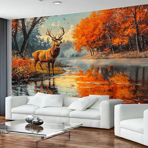 Großer Wandteppich mit herbstlichem Waldmotiv und Hirschmotiv, ideal als Hintergrund für Fotografien, Decke oder Vorhang zur Dekoration von Schlafzimmer oder Wohnzimmer. Image