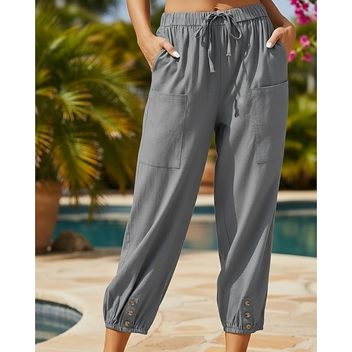 Damen Caprihose Hose aus Baumwollleinen Chinos Sommershorts Streetwear Lässig Volle Länge Mittlere Taillenlinie Einfach Kordelzug Tasche Bequem Unelastisch Täglich Outdoor Urlaub Blau Grau Schwarz Image