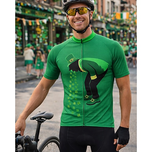 Herren St. Patrick Radtrikot Cycling Jersey Shamrock Neuheit Kurzarm Fahrrad Tee T-Shirt Trikot Oberteil mit 3 Rückentaschen UV-beständig Schnell trocknend Mit Taschen Front-Reißverschluss Sport Grün Image