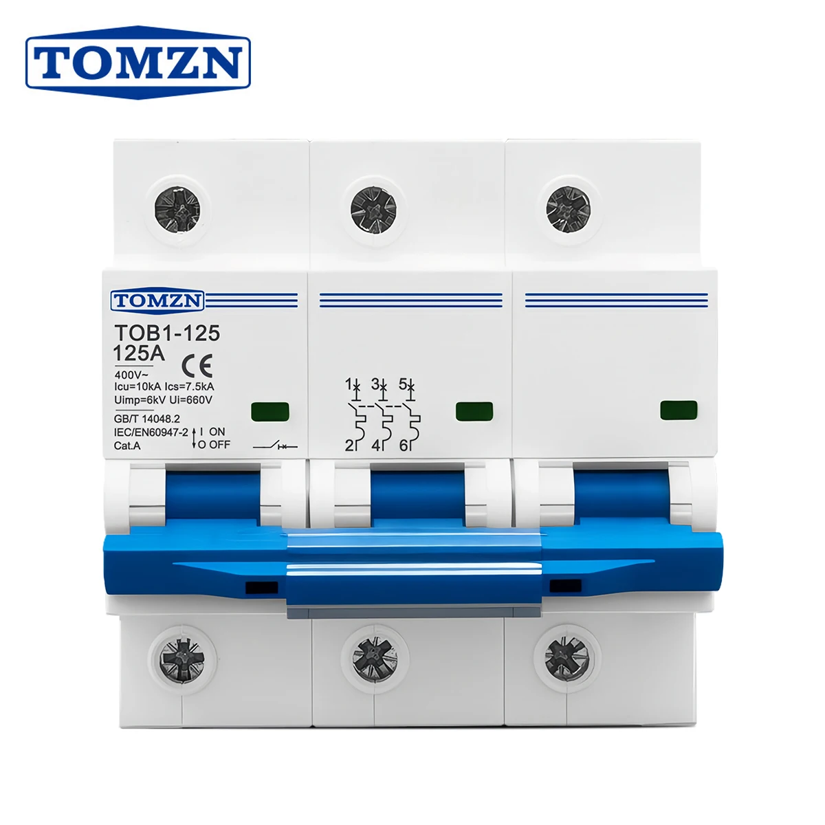 DIN RAIL TOMZN 3P AC MCB TOB1-125 400V~ 50/60Hz Leistungsschalter 80/100/125A Hochstrom 10kA PA66 Trennschalter Dreiphasig Image