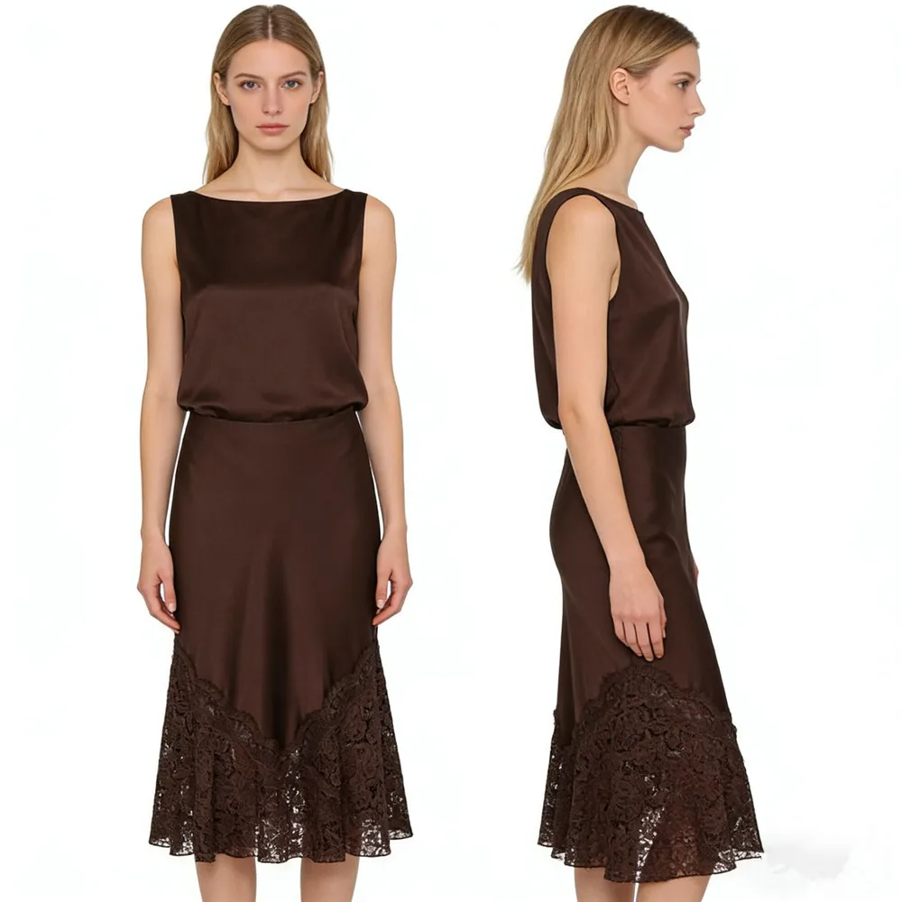 2026 neue Spitze Patchwork Braun Midi Röcke Frauen Mode Elastische Taille Casual Satin Langen Rock frauen Chic Party Club röcke