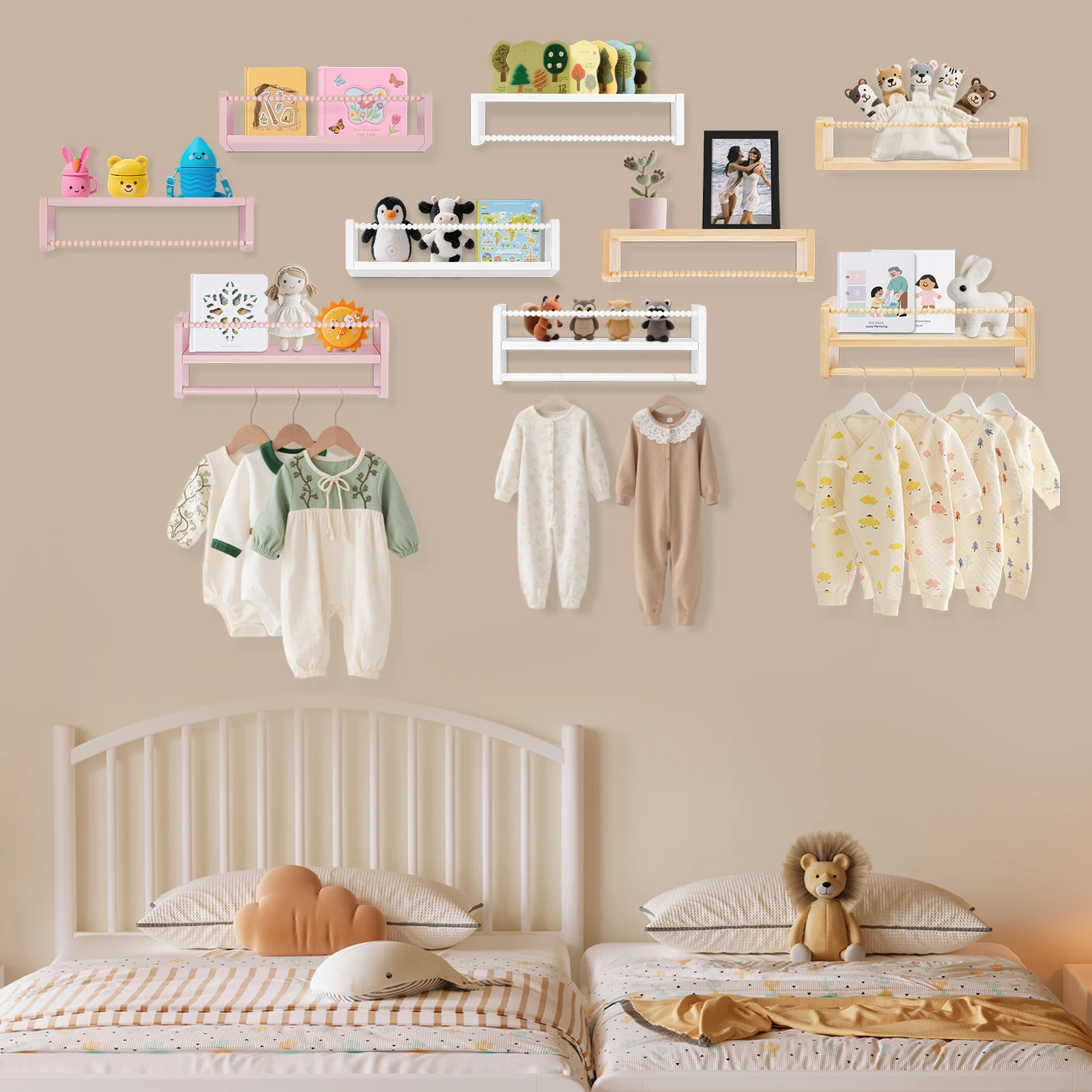 Scaffale da parete per bambini Set di 3 ripiani galleggianti in legno di pino per la camera dei bambini Libri di stoccaggio Giocattoli Libreria moderna per decorazioni per la cameretta dei bambini