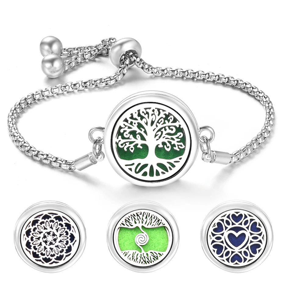 Mode Baum des Lebens Aromatherapie Armreif Ätherisches Öl Diffusor Edelstahl Parfüm Medaillon Armband Einstellbar Frauen Schmuck Image