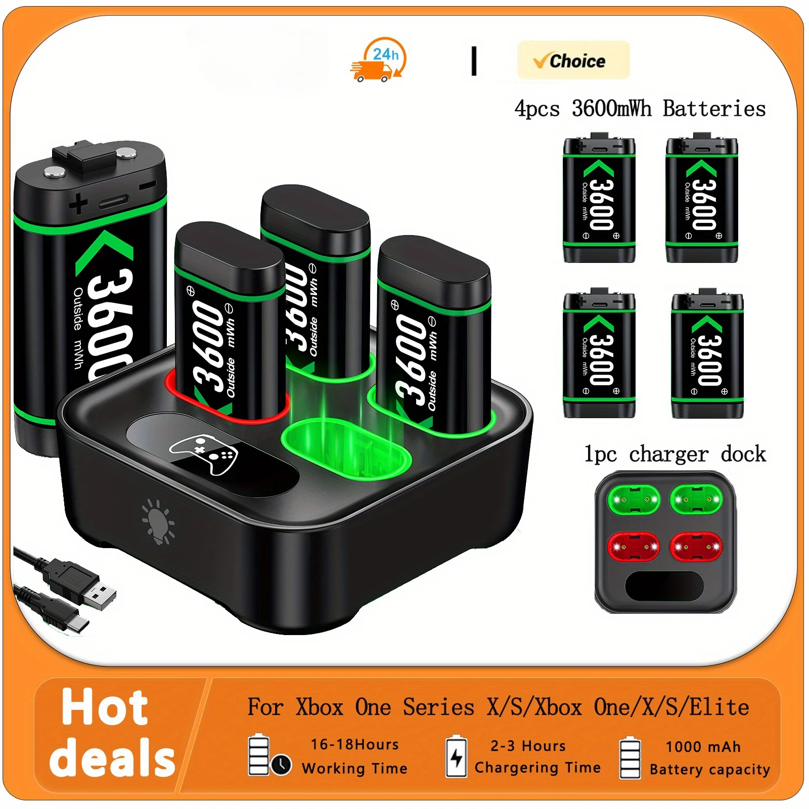 4x3600mWh Rechargeable Xbox One Battery Charger Station for Xbox Series X|S/Xbox One S/X/Elite Controllers