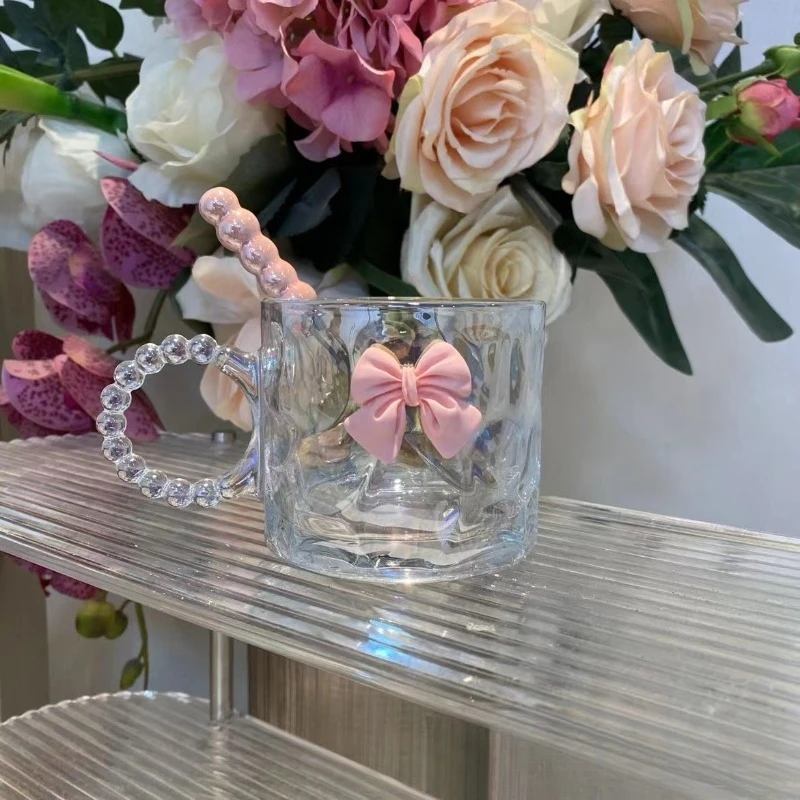 Glasbecher mit Viralgriff, hitzebeständig, transparent, mit Schleife, minimalistisches Design für Zuhause, Kaffee, Tee, Getränke, Trinken Image