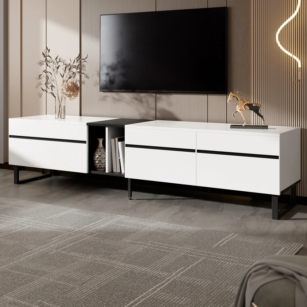 Meuble TV blanc moderne de 180 cm avec compartiment pliant, compartiments ouverts et portes doubles, meuble TV avec espace de rangement, meuble TV