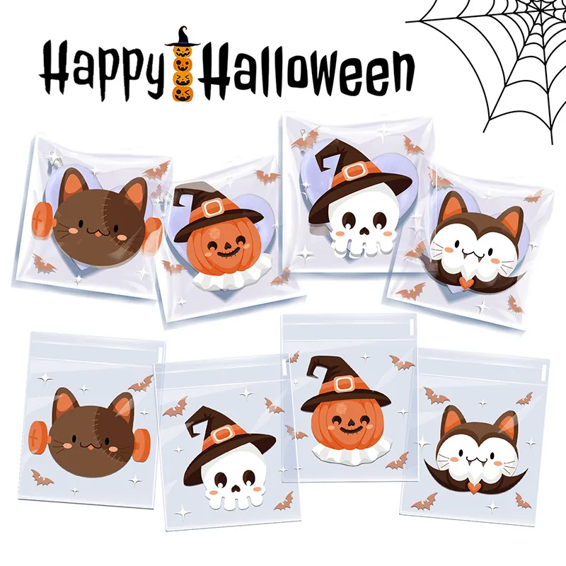 100 Stück Halloween 4 in 1 Cartoon-Keksbeutel, transparente süße Kürbis-Geist-Süßigkeiten-Schokoladen-Verpackungsbeutel Image